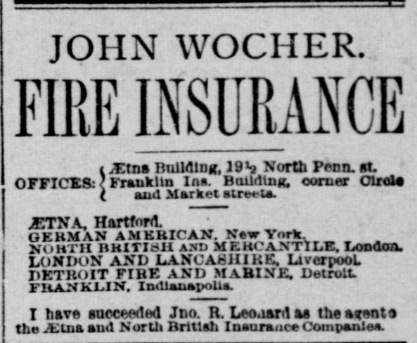 A black and white image of a newspaper advert. The advert contains text only. The advert is for fire insurance, with the address listed for the insurance company